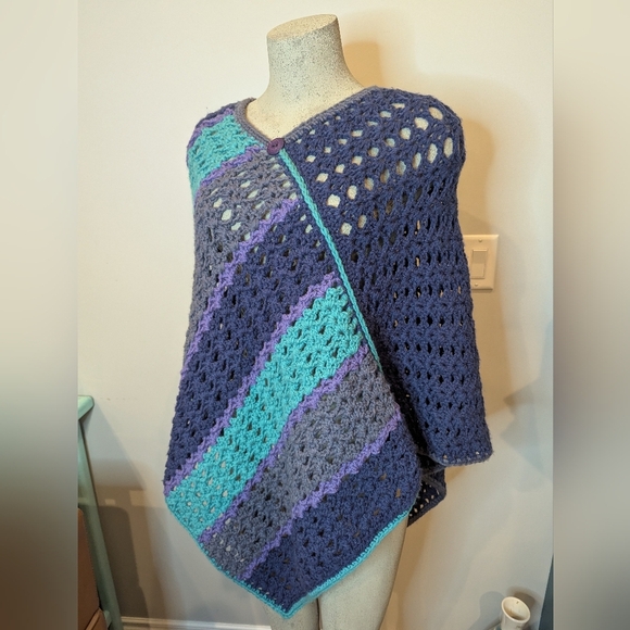 Peacock Artisan Knit Hand Poncho Sweater, Blue, Purple, Teal One Size Acrylic - Picture 3 of 13